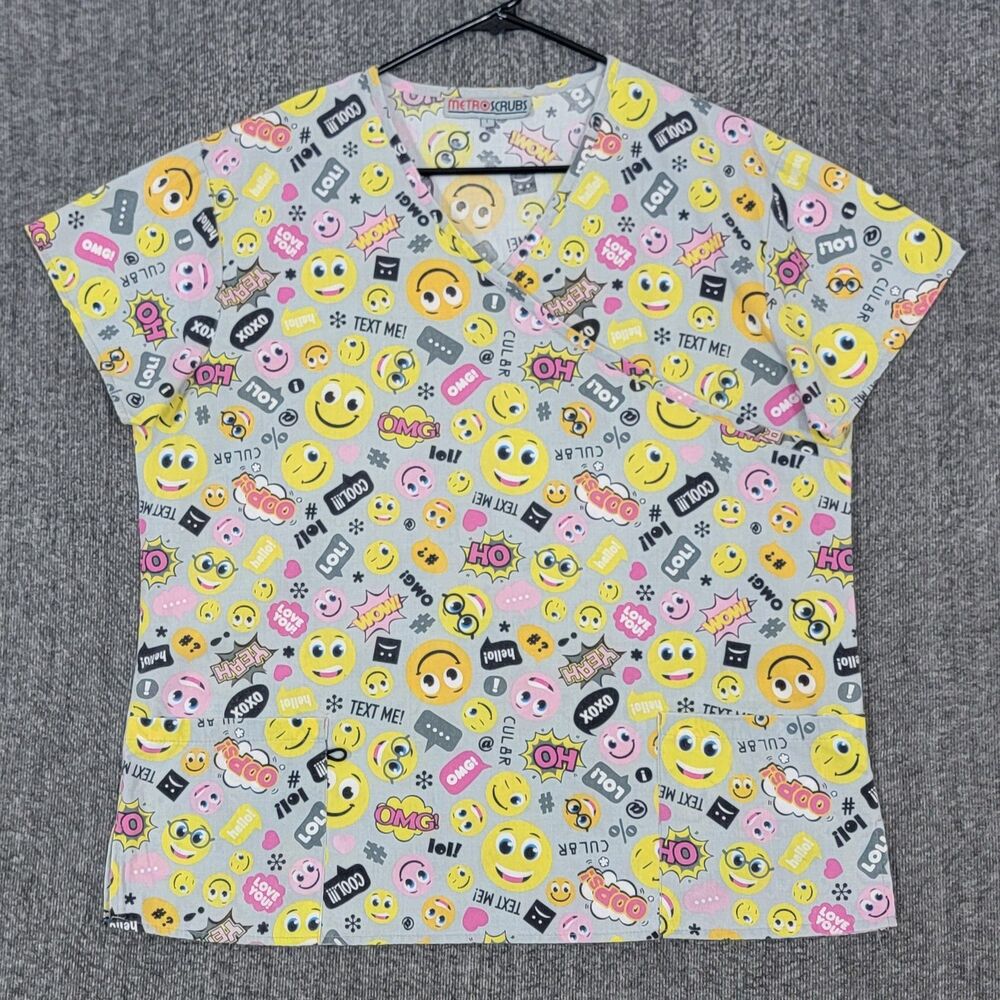 Metro Scrubs Top Womens Large Gray Yellow Smiley Face Emojis LOL OMG XOXO
